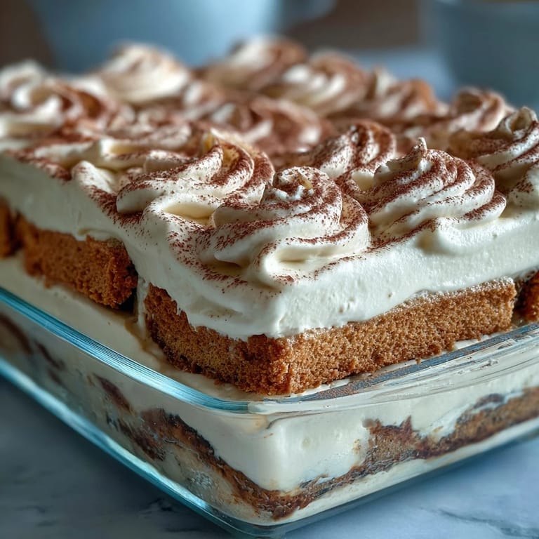 Close-up of creamy Hojicha Tiramisu being lifted from the pan by a spoon, showing rich layers.
