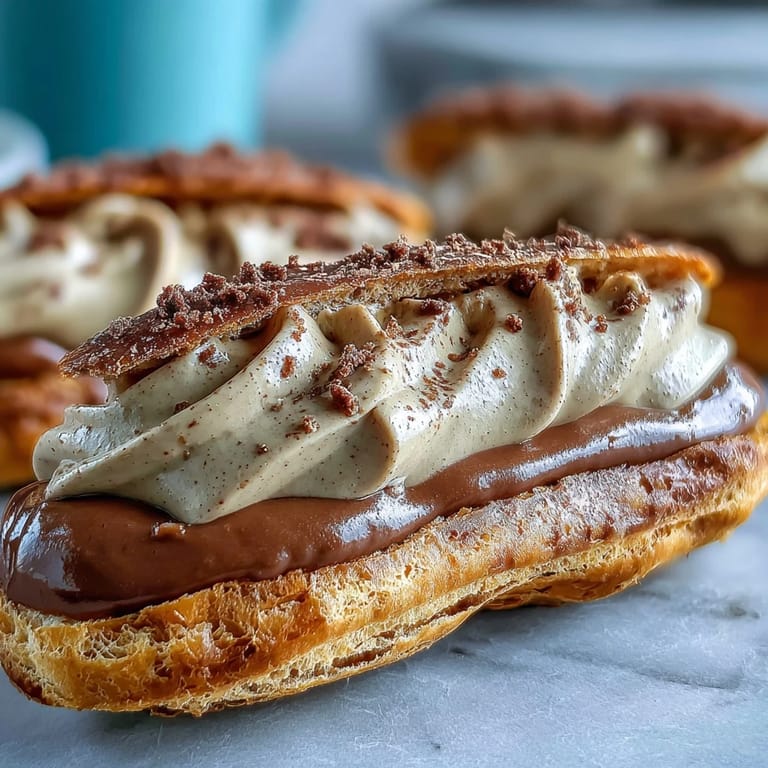 Deep brown hojicha pastry cream swirled into a cream puff, showing its smooth texture.