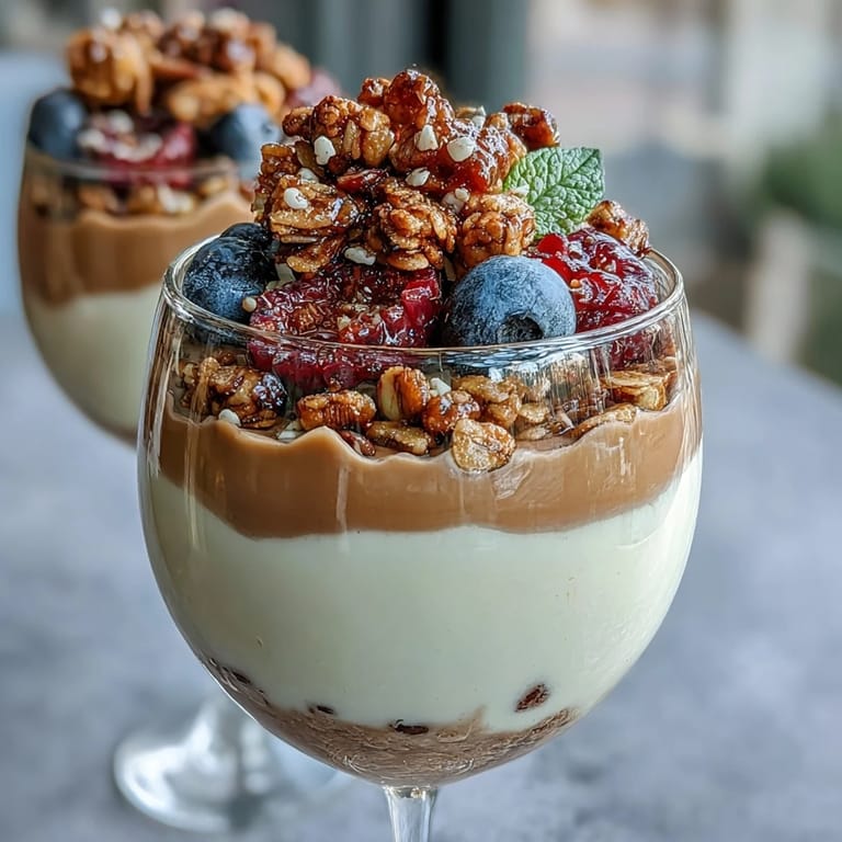 Hojicha Panna Cotta Parfait with roasted tea cream, sweet strawberries, and granola for a hearty dessert.