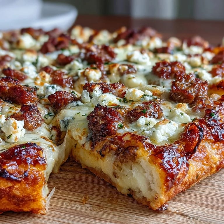 Slice of Hot Sausage Feta Honey Pizza on a plate, featuring spicy sausage, creamy feta, and fresh parsley garnish.