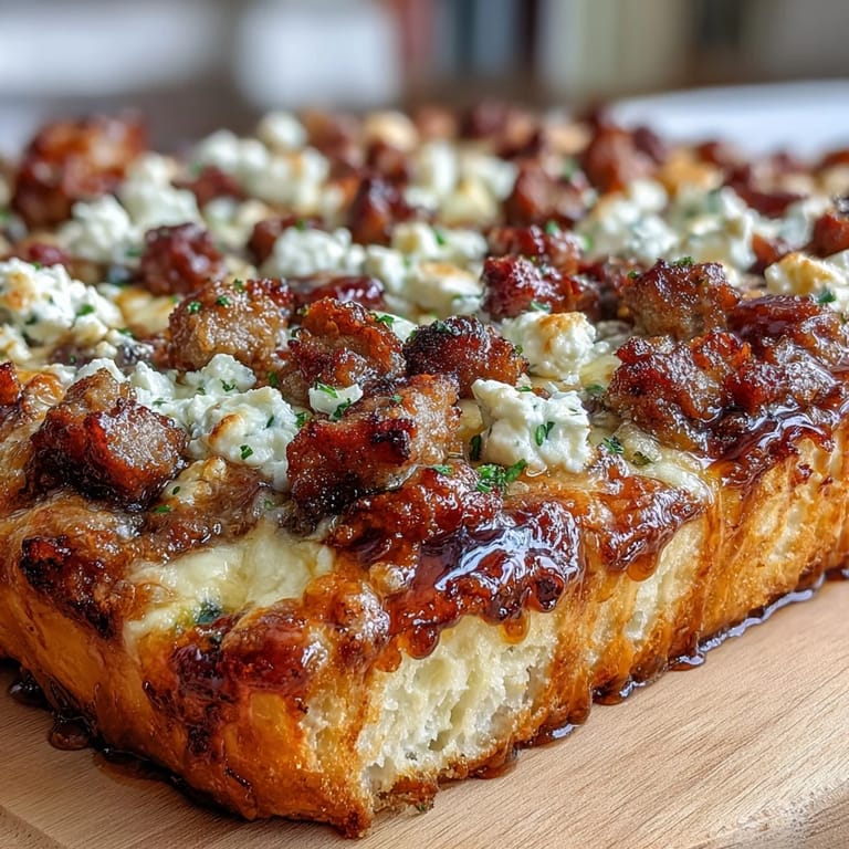 Homemade Hot Sausage Feta Honey Pizza cooling on a wooden board, showcasing the sweet and spicy glaze on melted cheese.