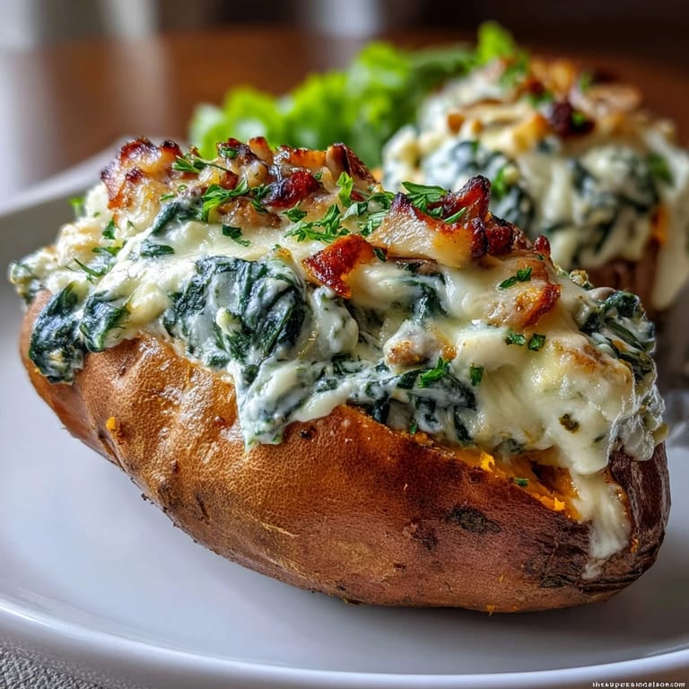 Freshly baked Creamy Mushroom and Spinach Stuffed Sweet Potatoes served warm on a rustic wooden board.