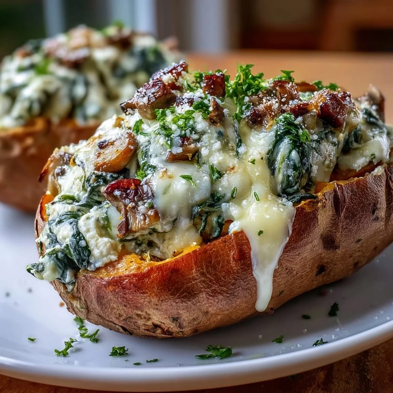 Vibrant Creamy Mushroom and Spinach Stuffed Sweet Potatoes filled with a savory vegetarian mixture.