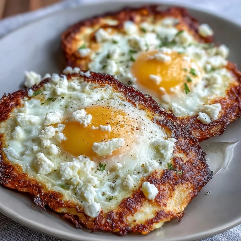 A close-up shows runny yolks and golden, crunchy feta edges in a hot nonstick skillet.