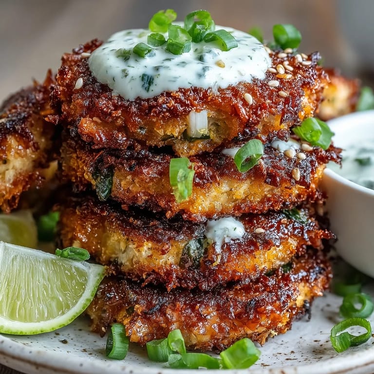 A close-up reveals flaky tuna inside crunchy Asian-Style Tuna Cakes, paired with a zesty lime dipping sauce.