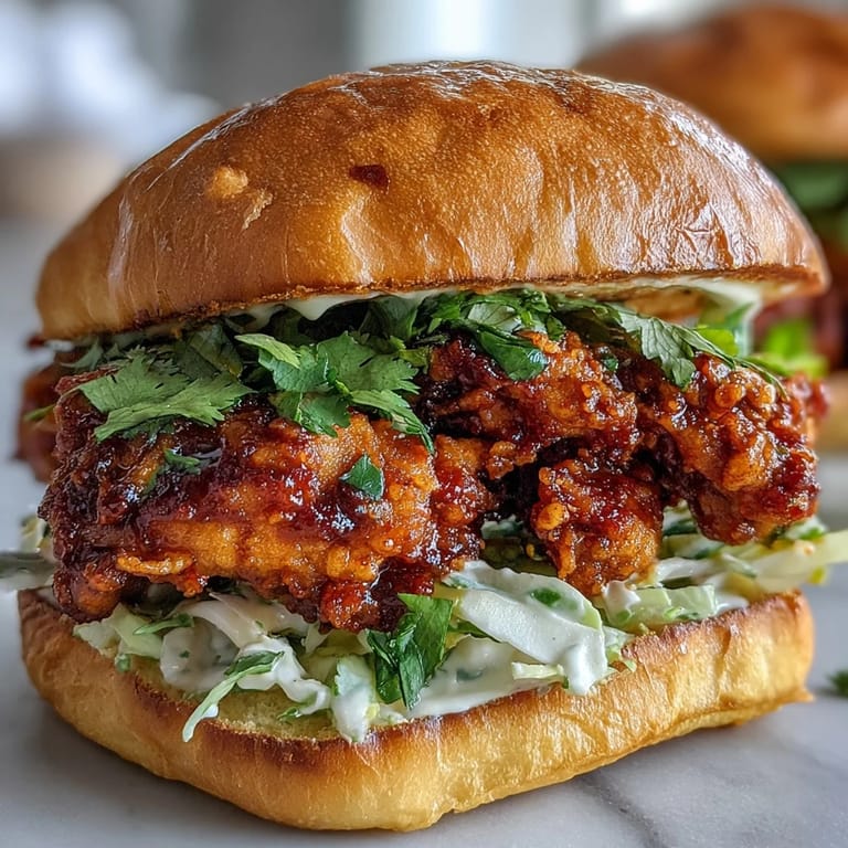Thai Fried Chicken Sandwich cut in half, revealing juicy fried chicken and crunchy veggies inside the bun.