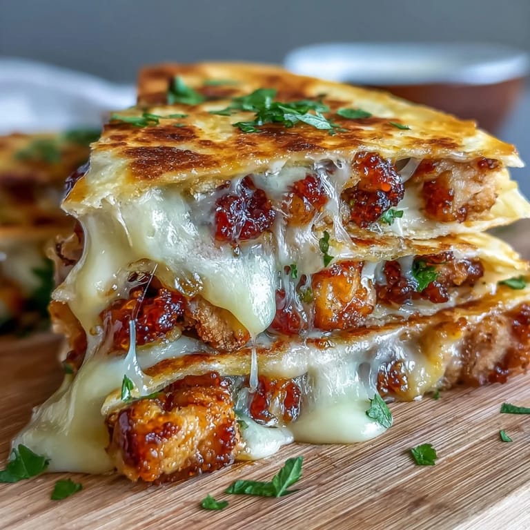 A close-up of sliced Cheesy Hot Honey Chicken Quesadillas revealing juicy chicken and gooey Monterey Jack cheese.