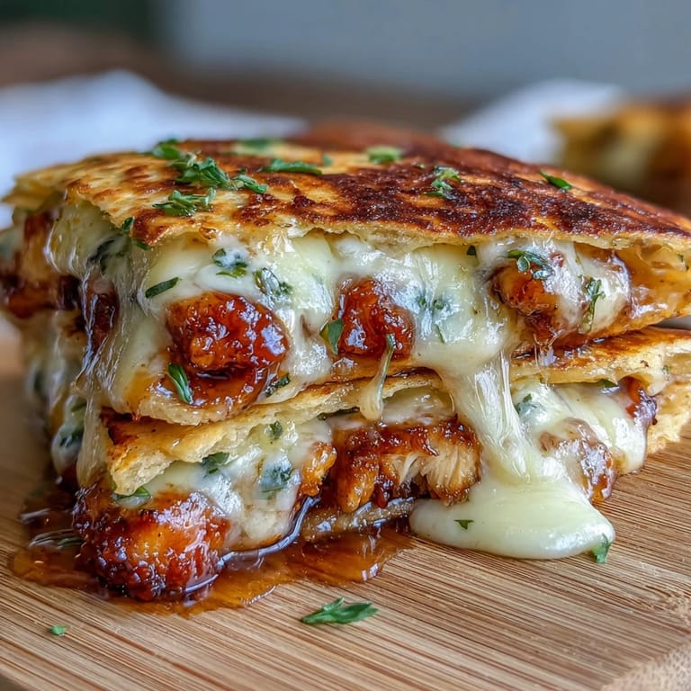 The chicken filling is glistening with a sweet and spicy hot honey sauce inside these warm quesadillas.