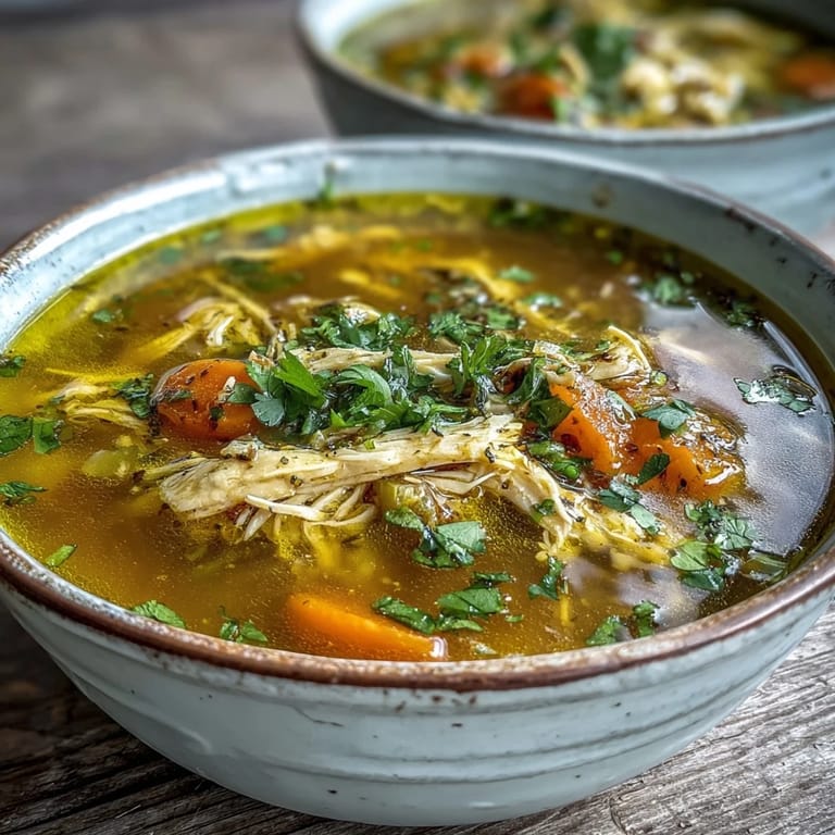 Steam rises from a bowl of Anti-Inflammatory Turmeric Chicken Soup garnished with fresh parsley, served on a rustic wooden table.