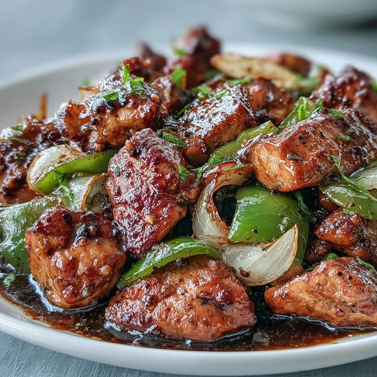Freshly prepared Black Pepper Chicken garnished with green onions, showcasing the bold, peppery sauce in a skillet.