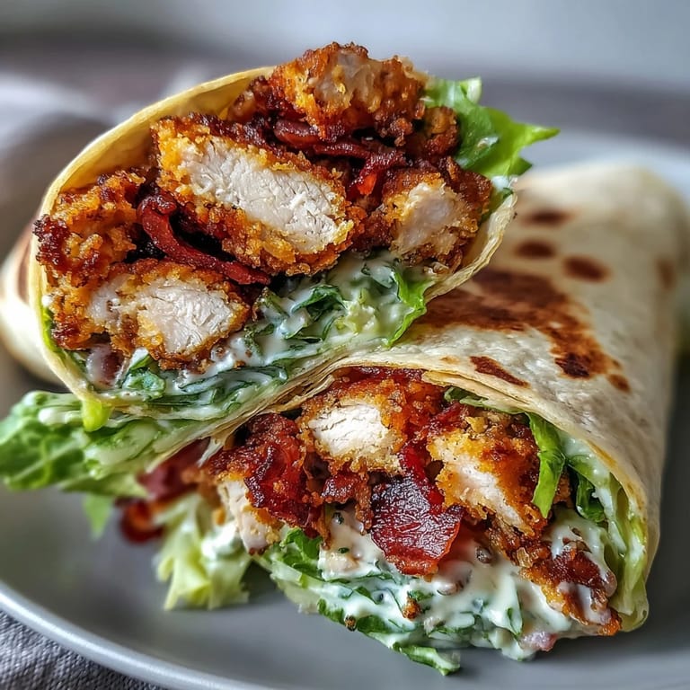 Close-up of Crispy Chicken Bacon Caesar Wraps with melted Parmesan and Caesar dressing drizzle on a rustic wooden board.