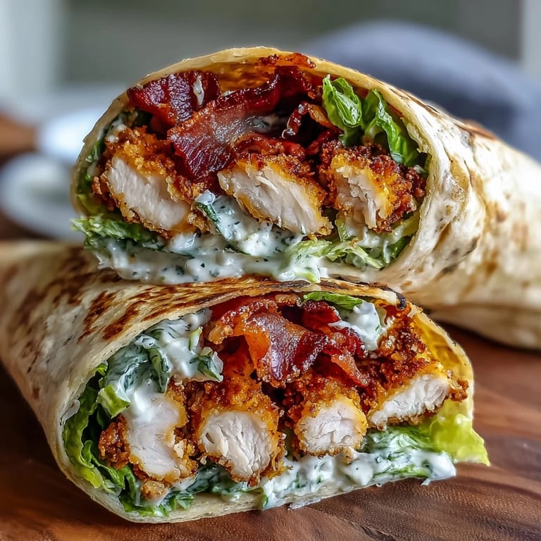 Golden fried chicken thighs and smoky bacon strips filling soft flour tortillas for Crispy Chicken Bacon Caesar Wraps.