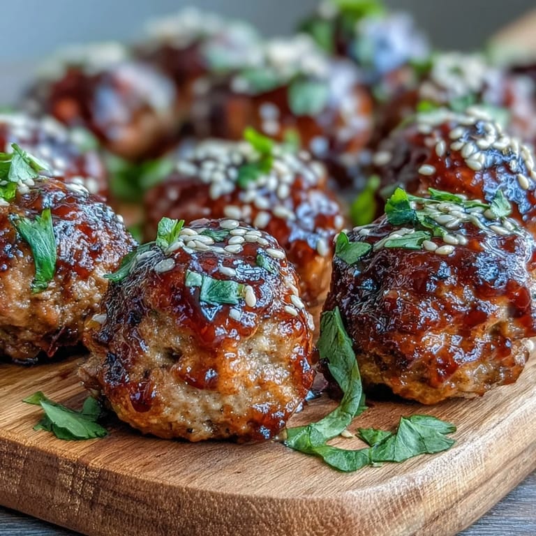A close-up of a glazed Spicy Chili Honey Turkey Meatball shows its juicy texture, held by chopsticks above a bed of white rice.