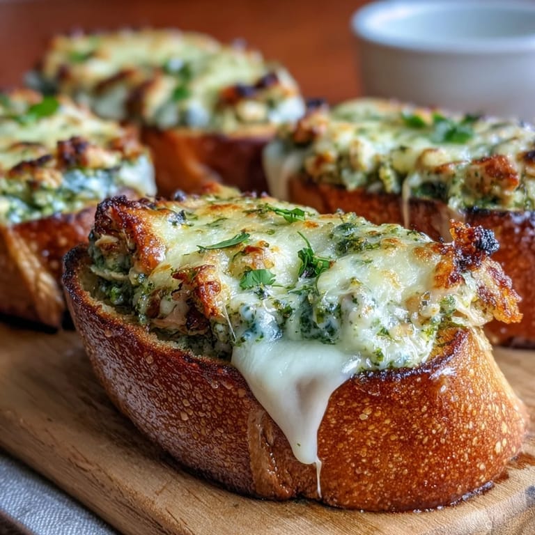 Savory Pesto Chicken Garlic Bread Boats fresh from the oven on a rustic wooden board.