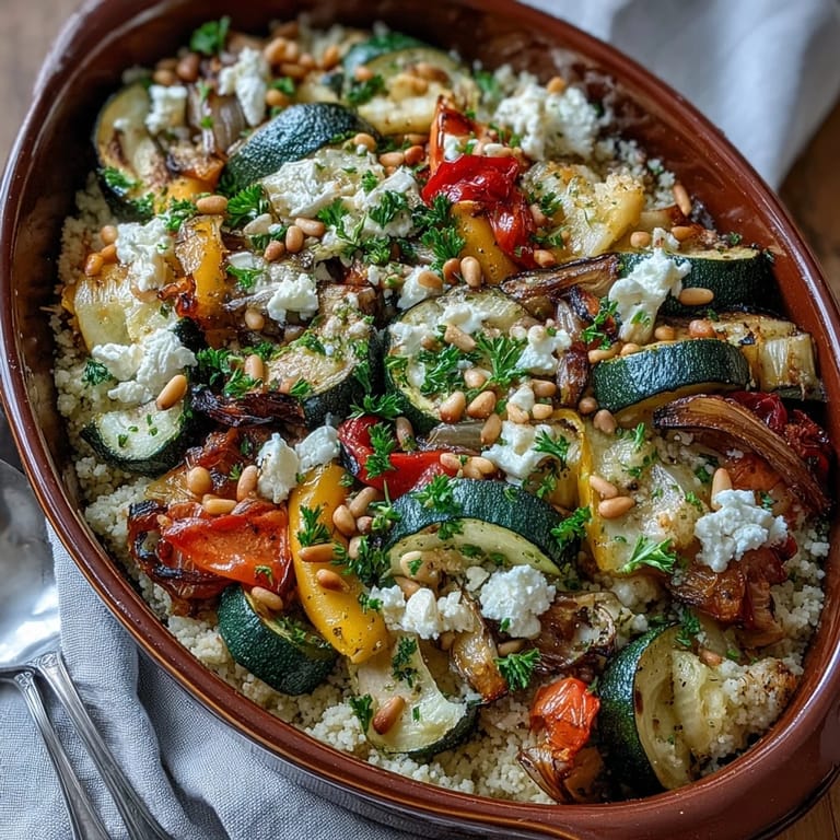 Golden couscous and tender roasted vegetables are baked with feta, parsley, and pine nuts.