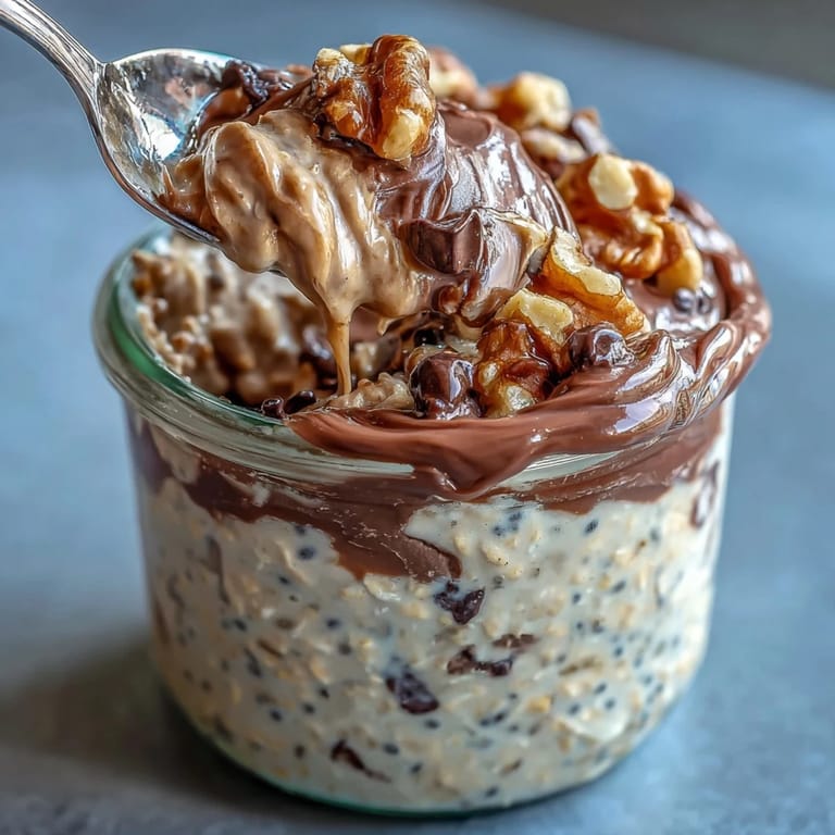Dark chocolate chips and walnuts top the creamy Chunky Monkey Protein Overnight Oats breakfast.