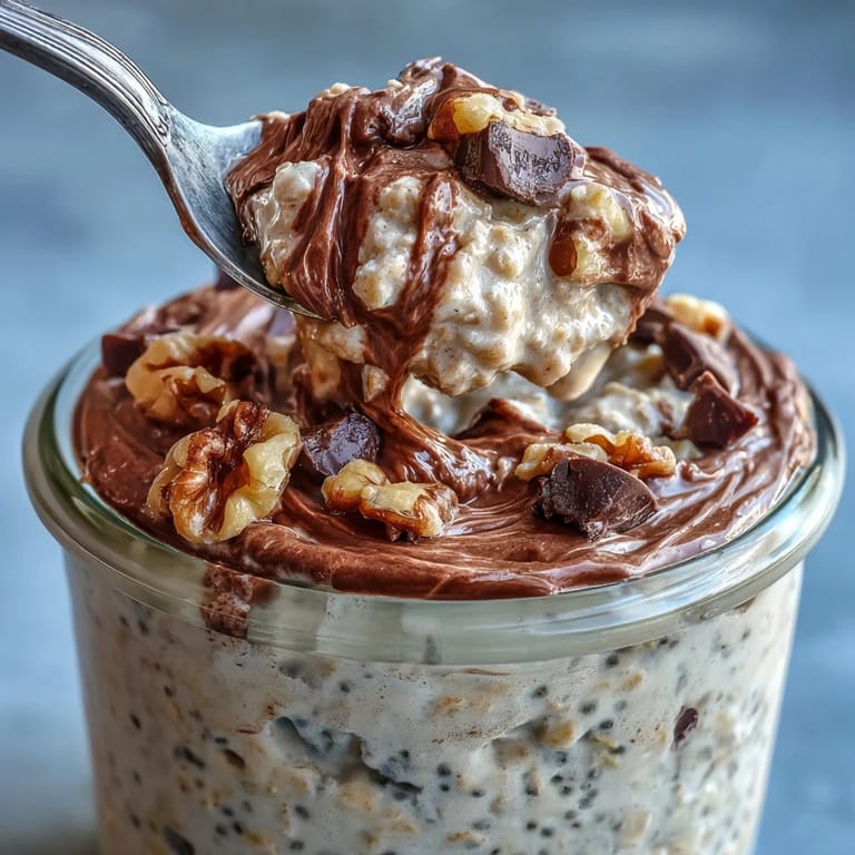 Spoon into Chunky Monkey Protein Overnight Oats revealing rich peanut butter and banana swirls.