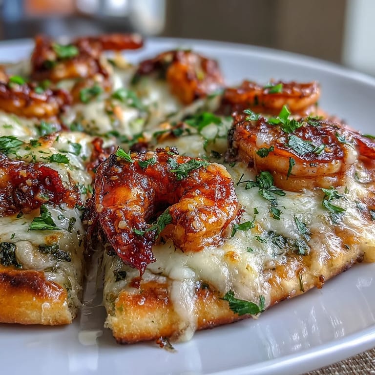 Golden naan crusts topped with juicy garlic butter shrimp and melted cheese, served hot as an easy weeknight dinner.