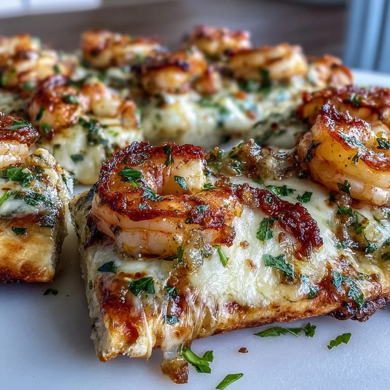 Close-up of a slice of Garlic Butter Shrimp Naan Pizza, revealing tender shrimp and herbs on a chewy base.
