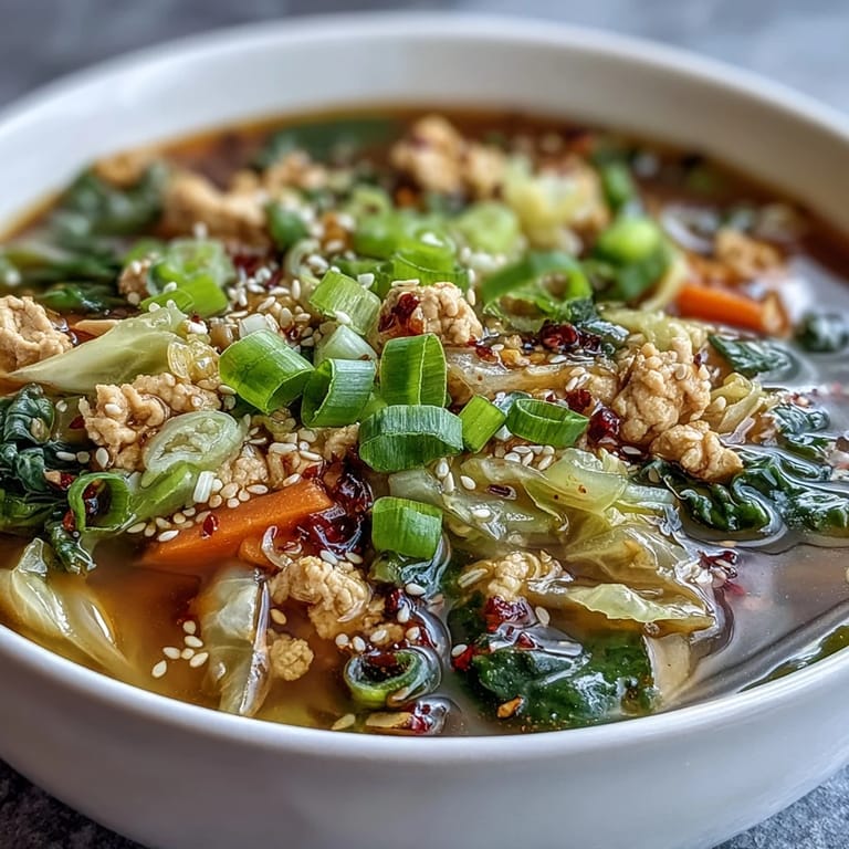 Hearty Egg Roll Soup with Chicken & Cabbage steaming in a rustic bowl with sesame seeds.