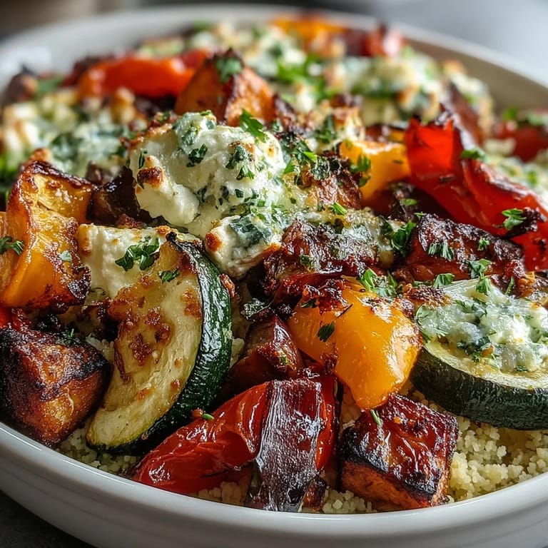 Served in a ceramic dish, this Roasted Veggie & Feta Couscous Bake is garnished with fresh parsley and pine nuts.