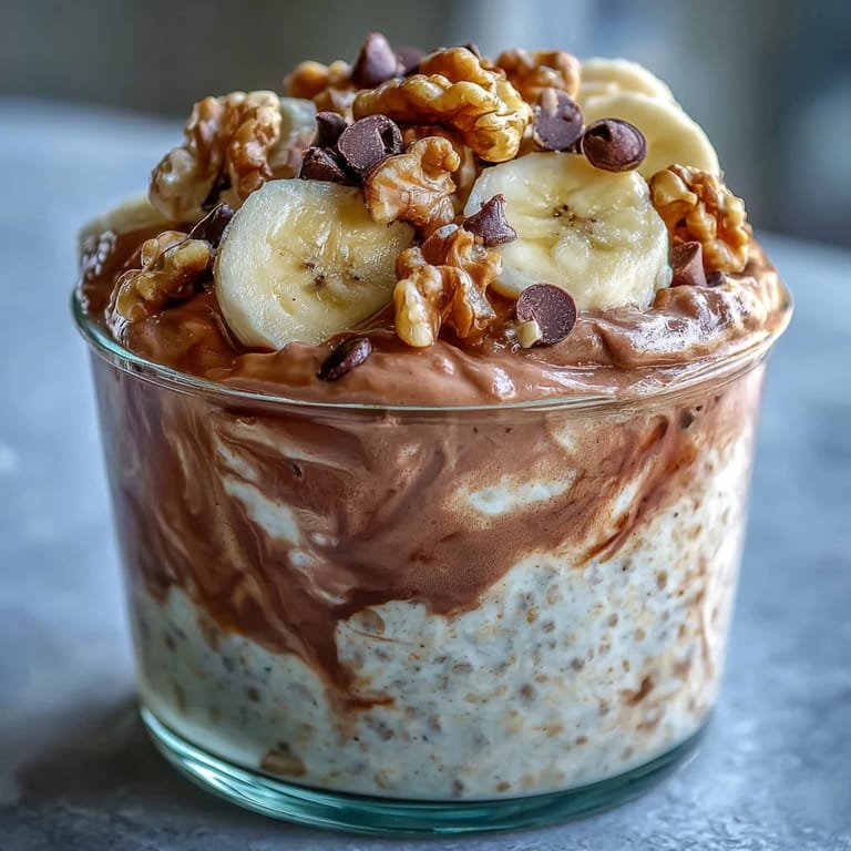 A glass jar of Chunky Monkey Protein Overnight Oats drizzled with peanut butter and chocolate chips.