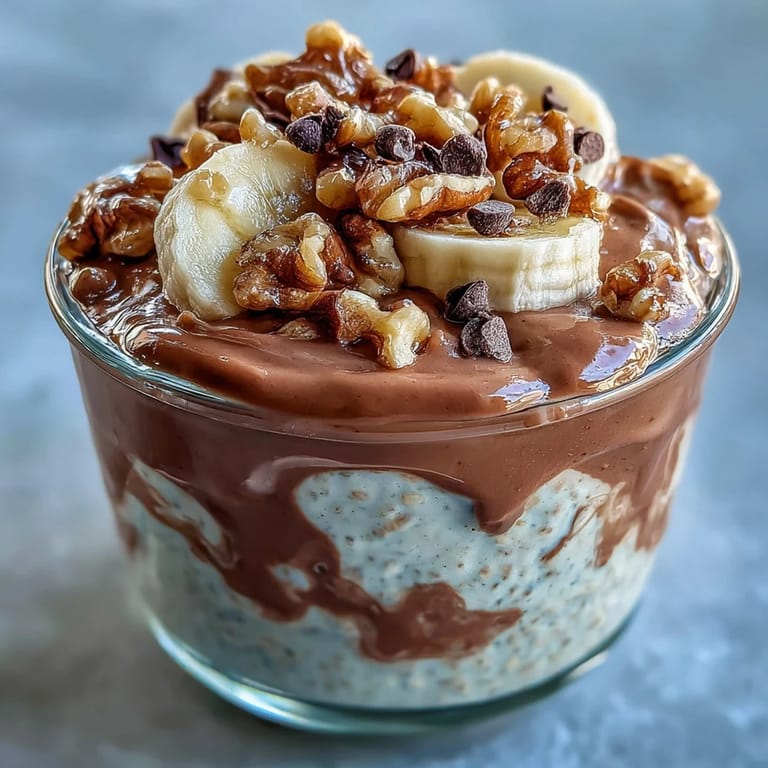 Spoon-ready Chunky Monkey Protein Overnight Oats topped with banana and walnuts, perfect for a chilled breakfast.