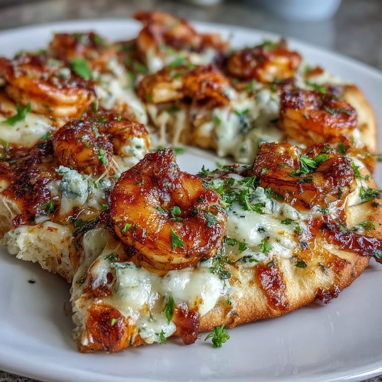 Sizzling Garlic Butter Shrimp Naan Pizzas served hot with melted cheese and a side salad for dinner.