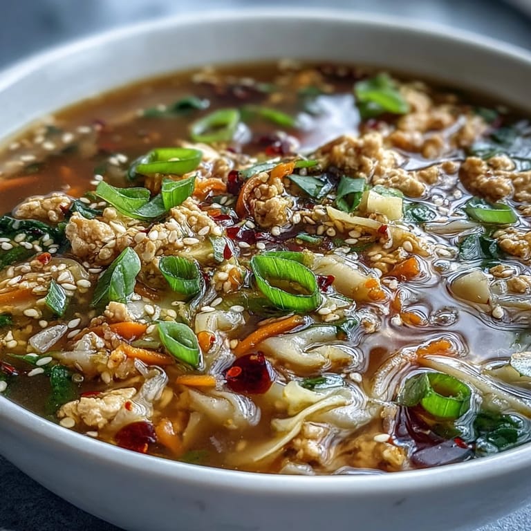 Ground chicken and crisp cabbage float in savory Egg Roll Soup with Chicken & Cabbage, garnished with chili crisp.