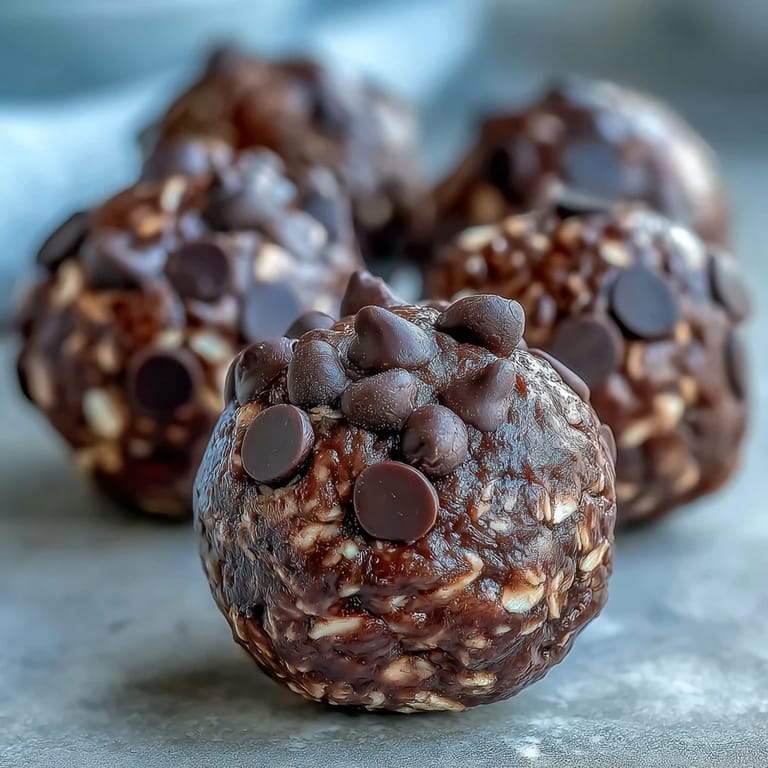 A close-up view highlights the moist interior and melted chocolate chips of a halved Vegan Chocolate Peanut Butter Protein Ball, emphasizing its no-bake texture.