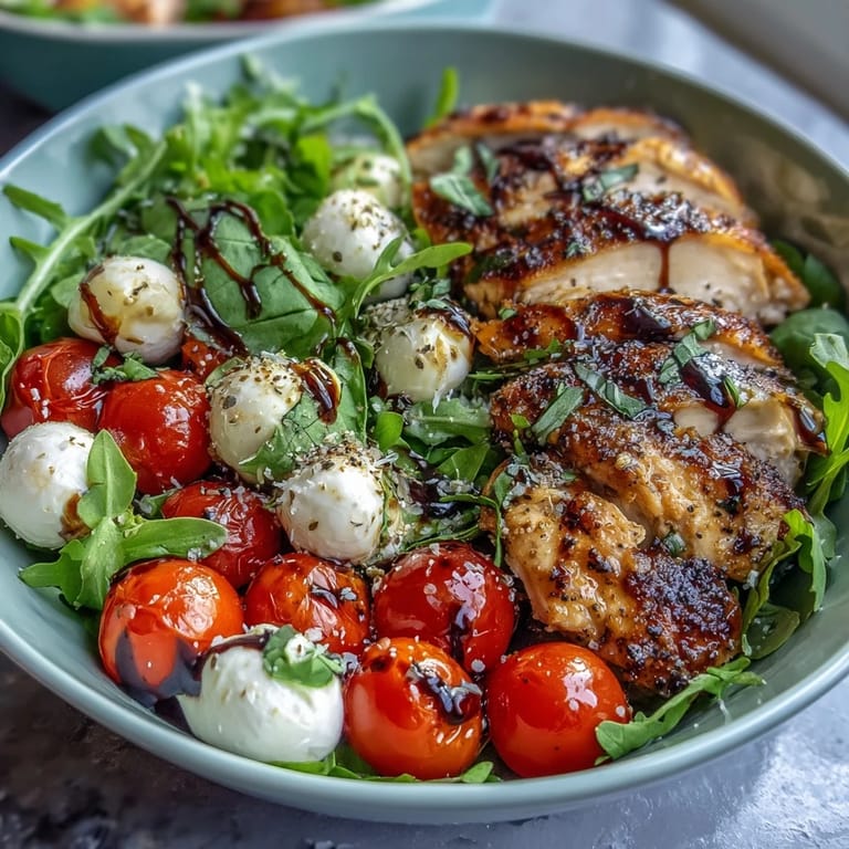 Sliced grilled chicken breast topped with torn fresh basil and mozzarella sits in a bowl of quinoa, showcasing Grilled Chicken Caprese Bowls with Balsamic Reduction for a light Italian-inspired dinner.