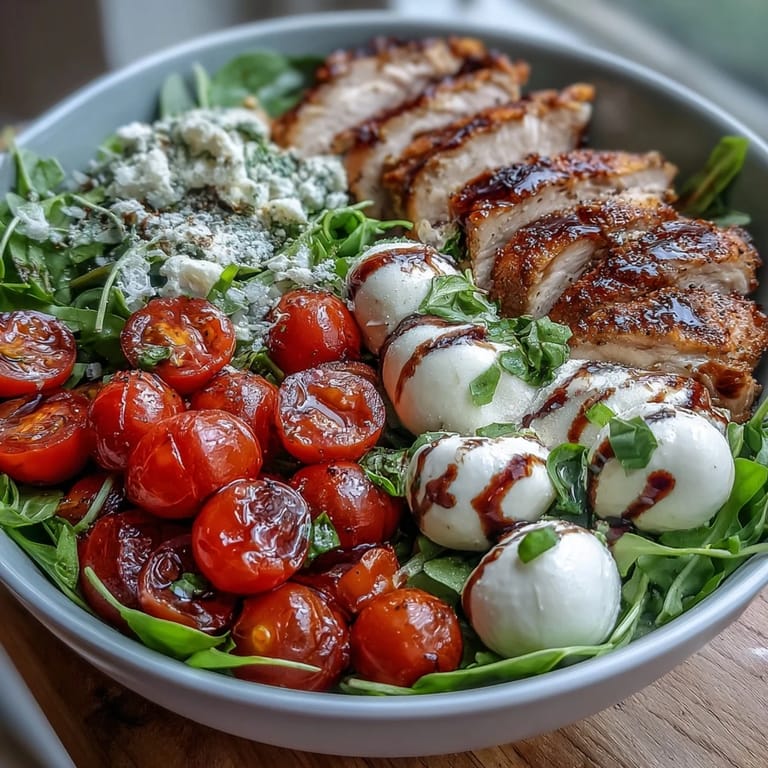 Close-up of juicy grilled chicken breast layered with ripe cherry tomatoes and creamy mozzarella in Grilled Chicken Caprese Bowls with Balsamic Reduction, garnished with olive oil and flaky sea salt.
