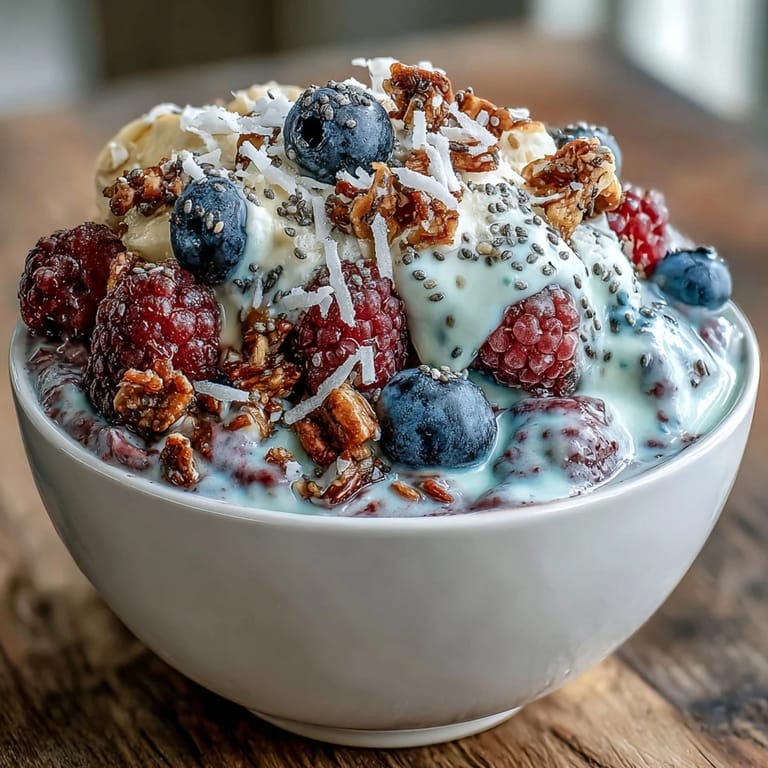A vibrant Berry Greek Yogurt Smoothie Bowl topped with berries, chia seeds, and granola, served in a white ceramic bowl.