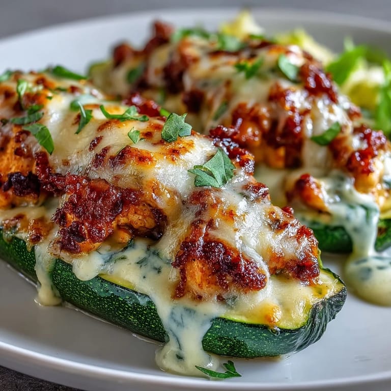 Zucchini boats filled with tender chicken and a rich garlic cream sauce, baked until perfectly melted and ready to serve.