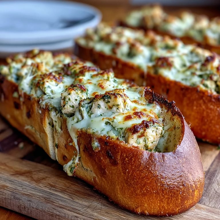 Spoonful of creamy pesto chicken filling inside golden, sliced Pesto Chicken Garlic Bread Boats.