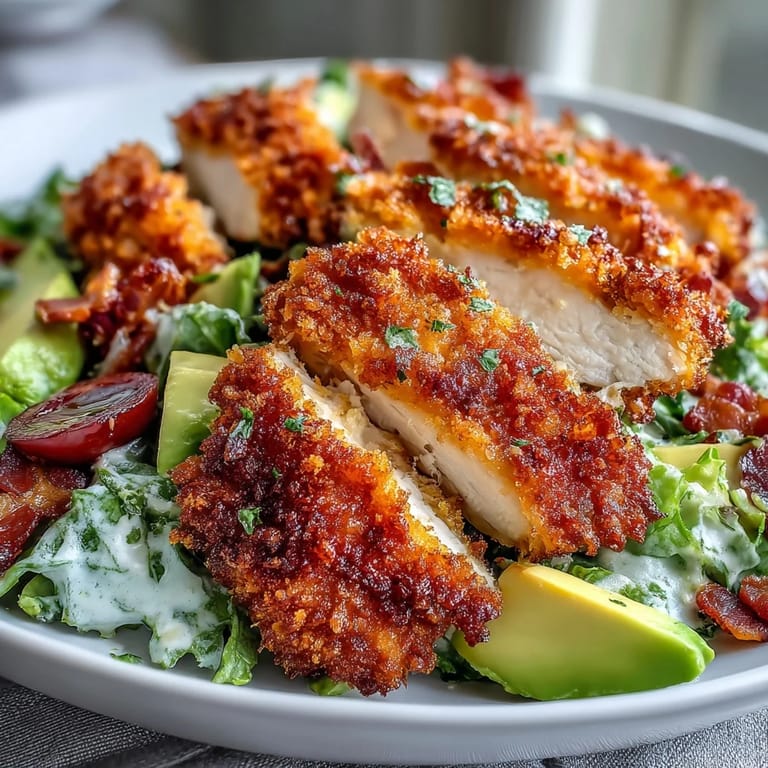 A hearty Cobb salad showcases juicy Parmesan Crusted Chicken thighs, bright red onions, and crunchy bacon bits, served on a rustic white platter.