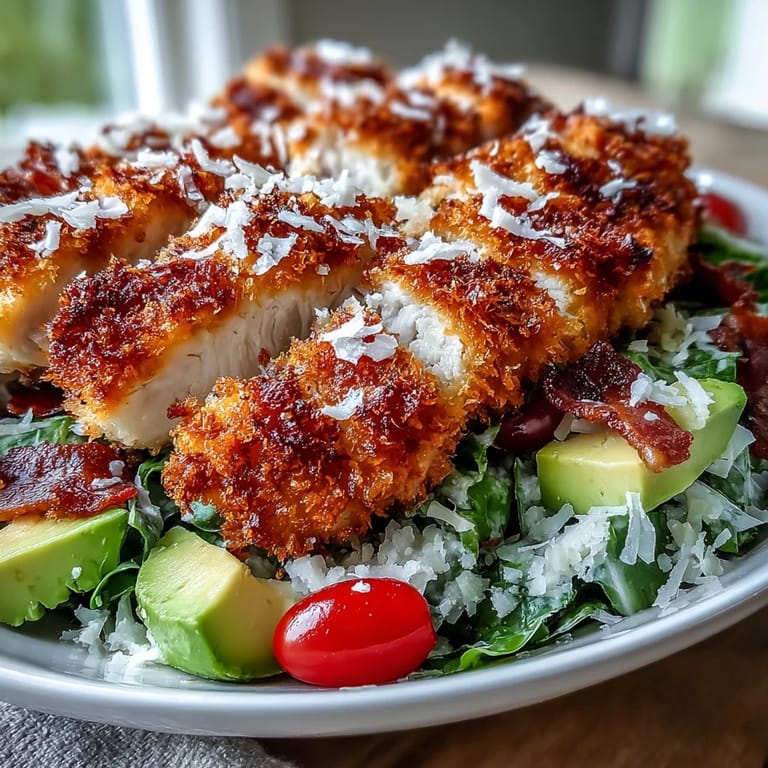 Sliced Parmesan Crusted Chicken is arranged over fresh greens, hard-boiled eggs, cucumbers, and blue cheese, ready for a drizzle of tangy dressing.