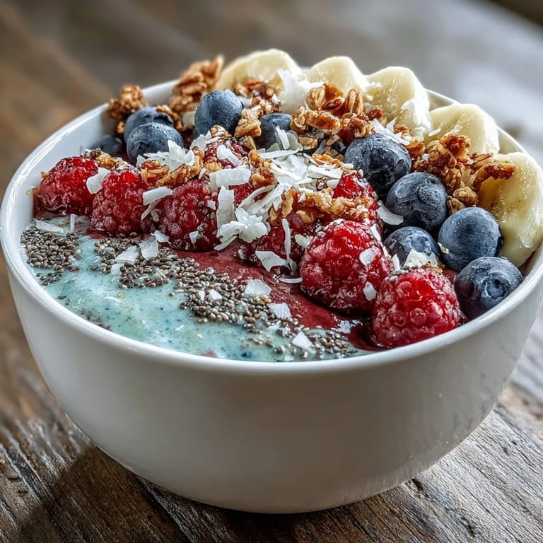Thick Berry Greek Yogurt Smoothie Bowl garnished with fresh berries, coconut flakes, and chia seeds, perfect for an energizing morning.
