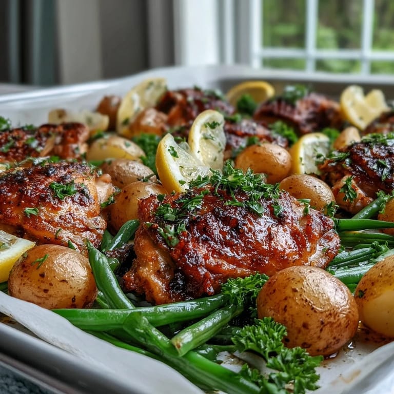 Sheet Pan Lemon Garlic Chicken plated with vibrant green beans and golden potatoes, perfect for a quick, healthy weeknight dinner.