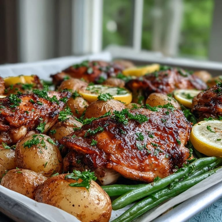 Freshly roasted Sheet Pan Lemon Garlic Chicken served on a sheet pan with tender potatoes and bright green beans.