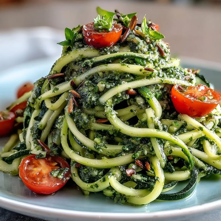A close-up of Vegan Pumpkin Seed Pesto Zucchini Noodles showing creamy pesto coating the tender zucchini spirals and juicy tomato halves.