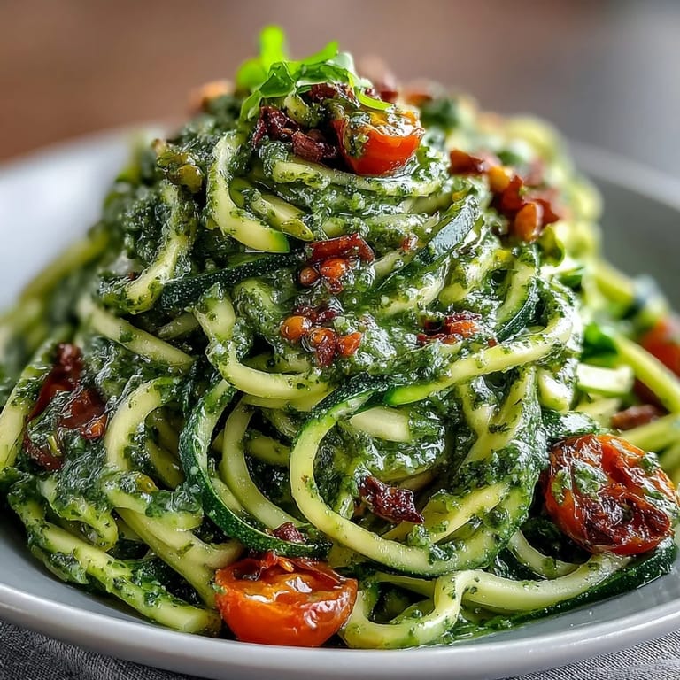 Freshly prepared Vegan Pumpkin Seed Pesto Zucchini Noodles tossed in a skillet, ready to enjoy with a light, plant-based lunch.