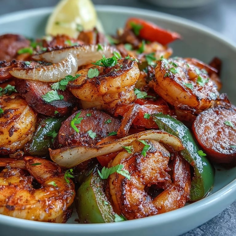 Plated Keto Cajun Shrimp and Sausage Skillet with cauliflower rice and lemon wedges.