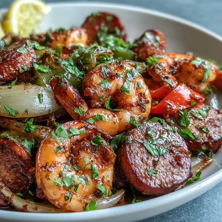 Zesty Keto Cajun Shrimp and Sausage Skillet garnished with fresh parsley and lemon.