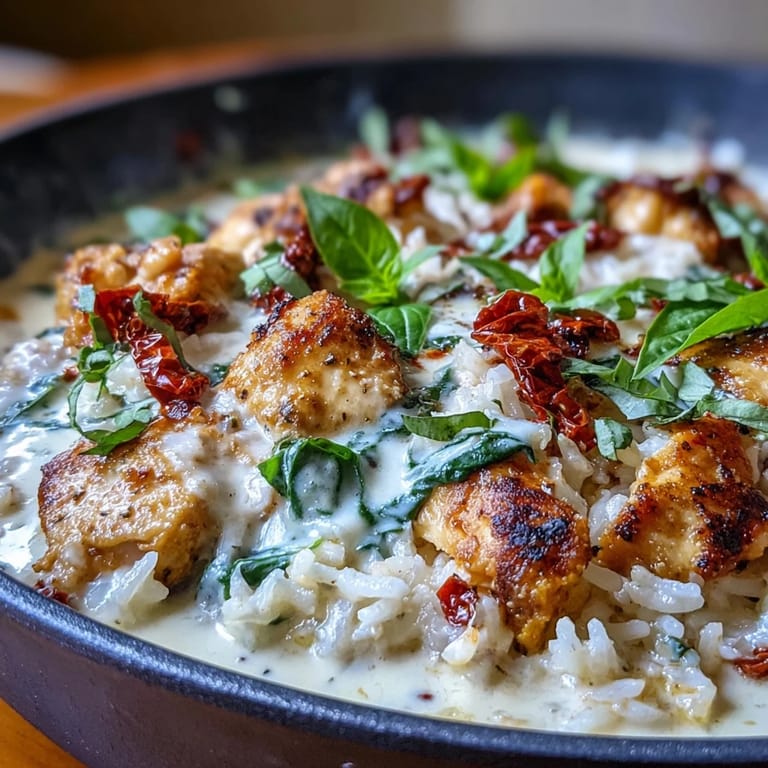 One-pan Creamy Tuscan Chicken Rice Skillet with sun-dried tomatoes and spinach, served hot and bubbling.
