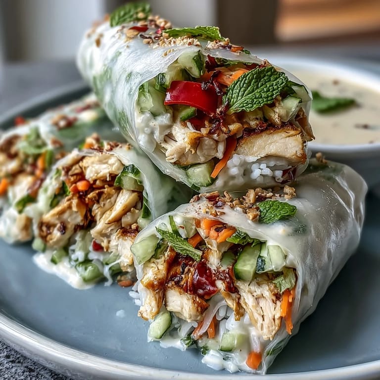 Easy-to-make spring rolls packed with shredded chicken, vibrant vegetables, and aromatic herbs, drizzled with rich, spicy peanut sauce.