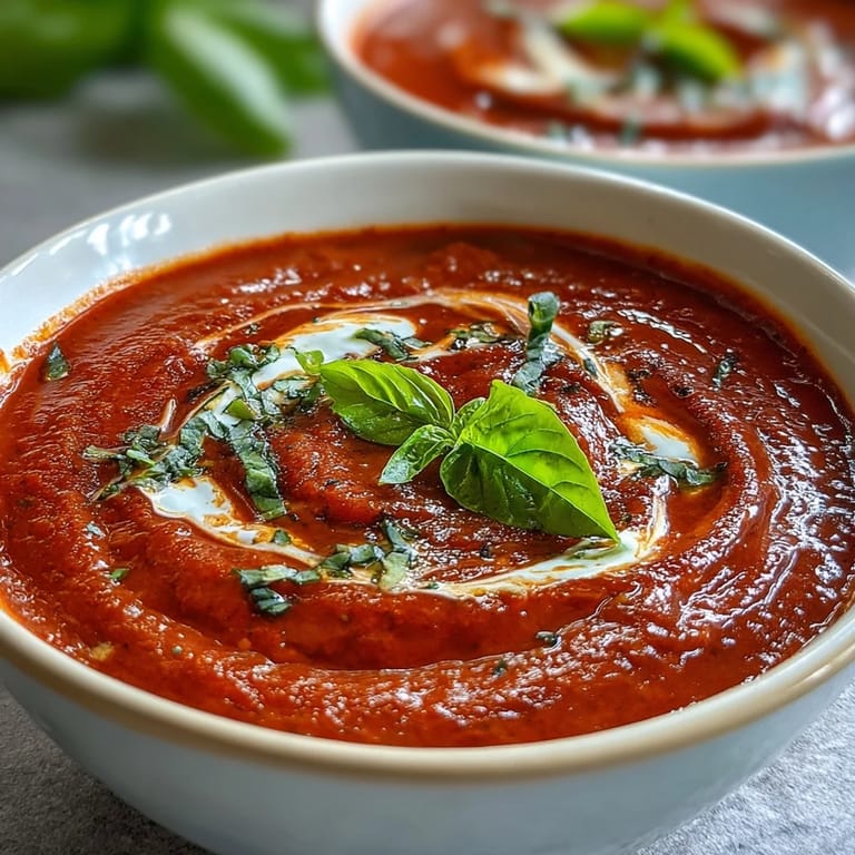 Rich, aromatic vegan tomato basil soup topped with fresh basil, accompanied by warm, crunchy garlic sourdough dippers.