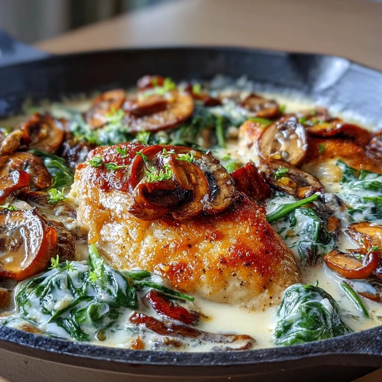 A one-pan Keto Creamy Spinach Mushroom Chicken Skillet featuring golden chicken breasts simmered with mushrooms and spinach in a luscious cream sauce.