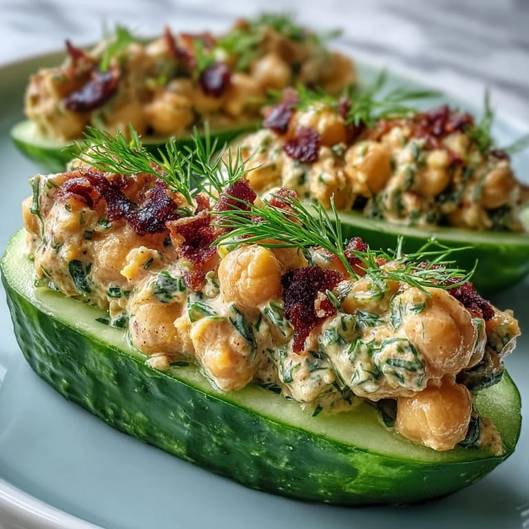 Creamy chickpea salad with Dijon mustard and pickles, served in hollowed cucumber halves for a refreshing plant-based lunch.