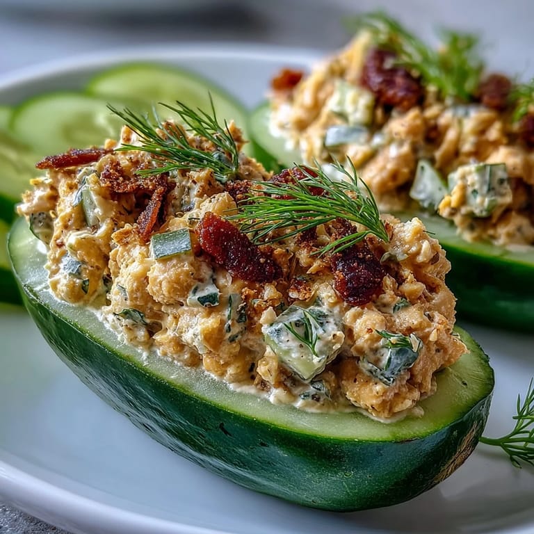 Protein-packed chickpea salad with celery and red onion, spooned into cucumber boats for a colorful vegan snack.